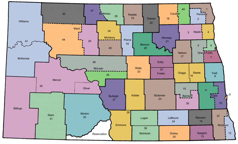 Map of North Dakota divided by legislative district. See the table below for a complete list of districts, and which counties they contain.