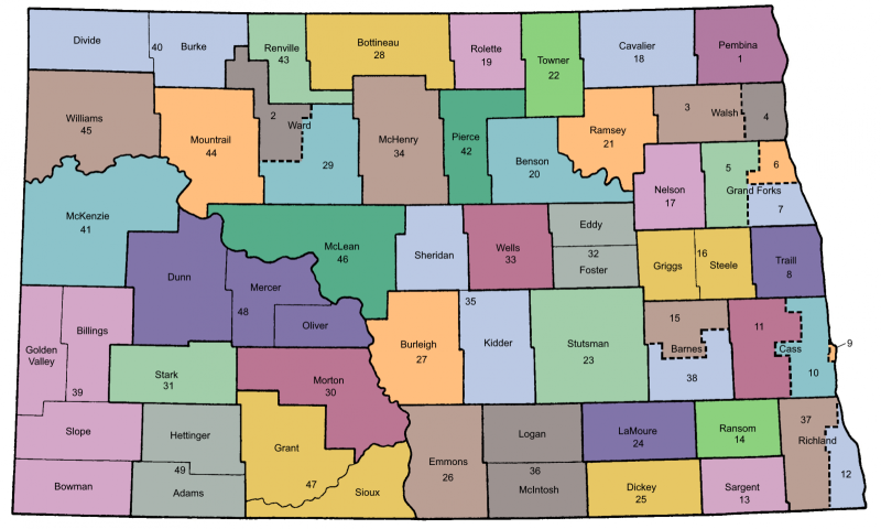 Map of North Dakota divided by legislative district. See the table below for a complete list of districts, and which counties they contain.