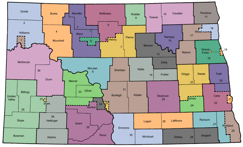 Map of North Dakota divided by legislative district. See the table below for a complete list of districts, and which counties they contain.
